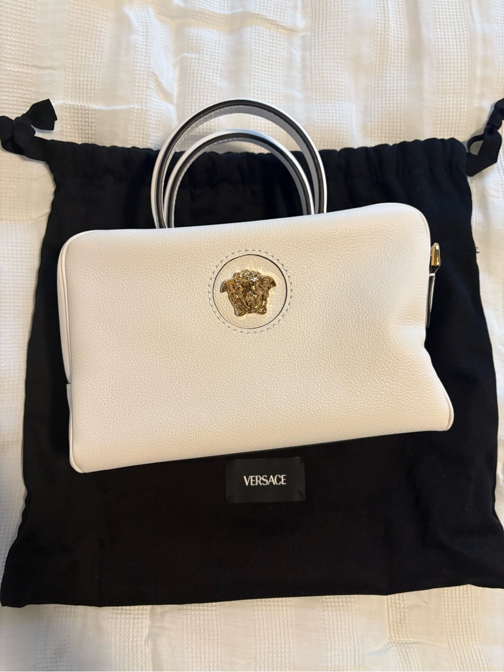 Versace White Leather La Medusa Boston Bag